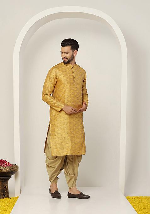 Mustard Yellow Textured Silk Blend Jacquard Kurta