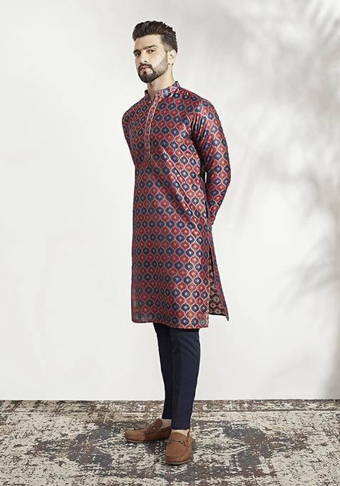 Red Jacquard Silk Blend Kurta