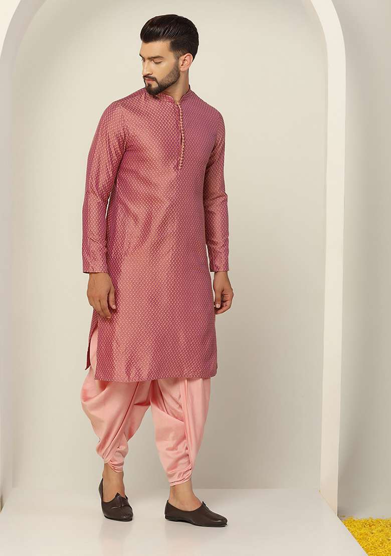 Peach Jacquard Silk Blend Kurta - Indya