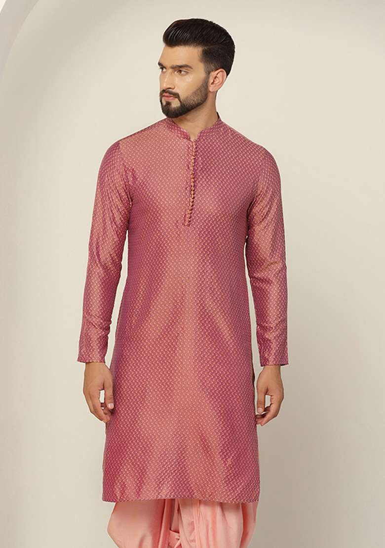 Peach Jacquard Silk Blend Kurta - Indya