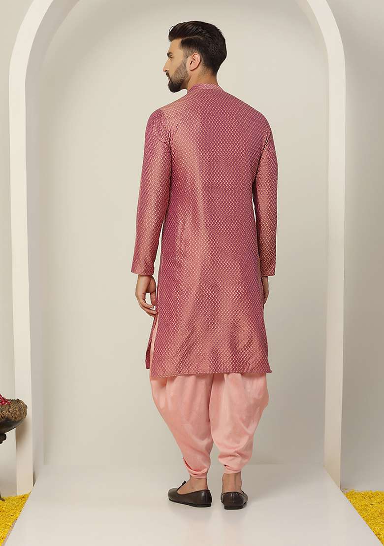 Peach Jacquard Silk Blend Kurta - Indya