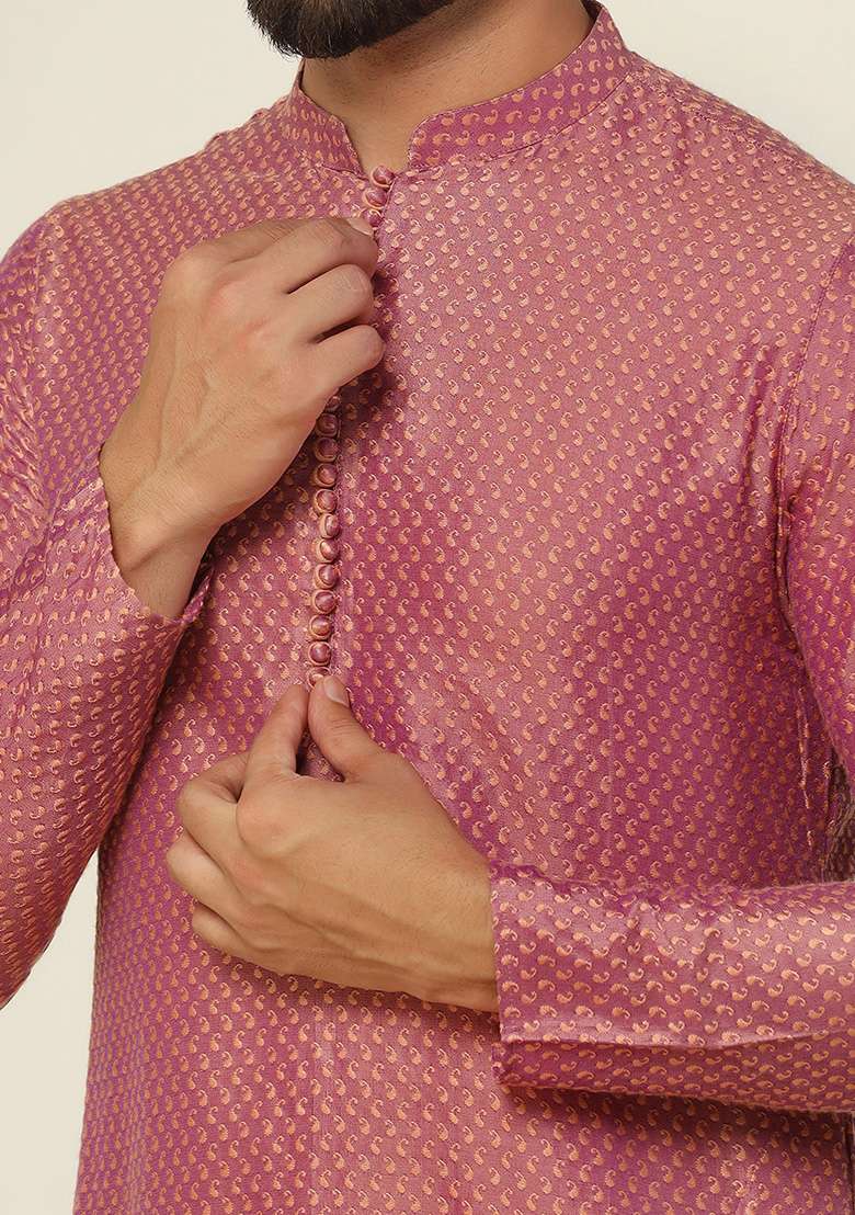 Peach Jacquard Silk Blend Kurta - Indya