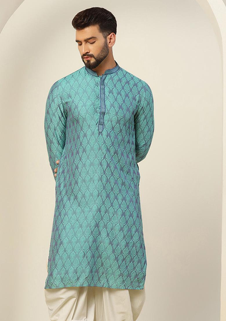 Blue Jacquard Silk Blend Kurta - Indya
