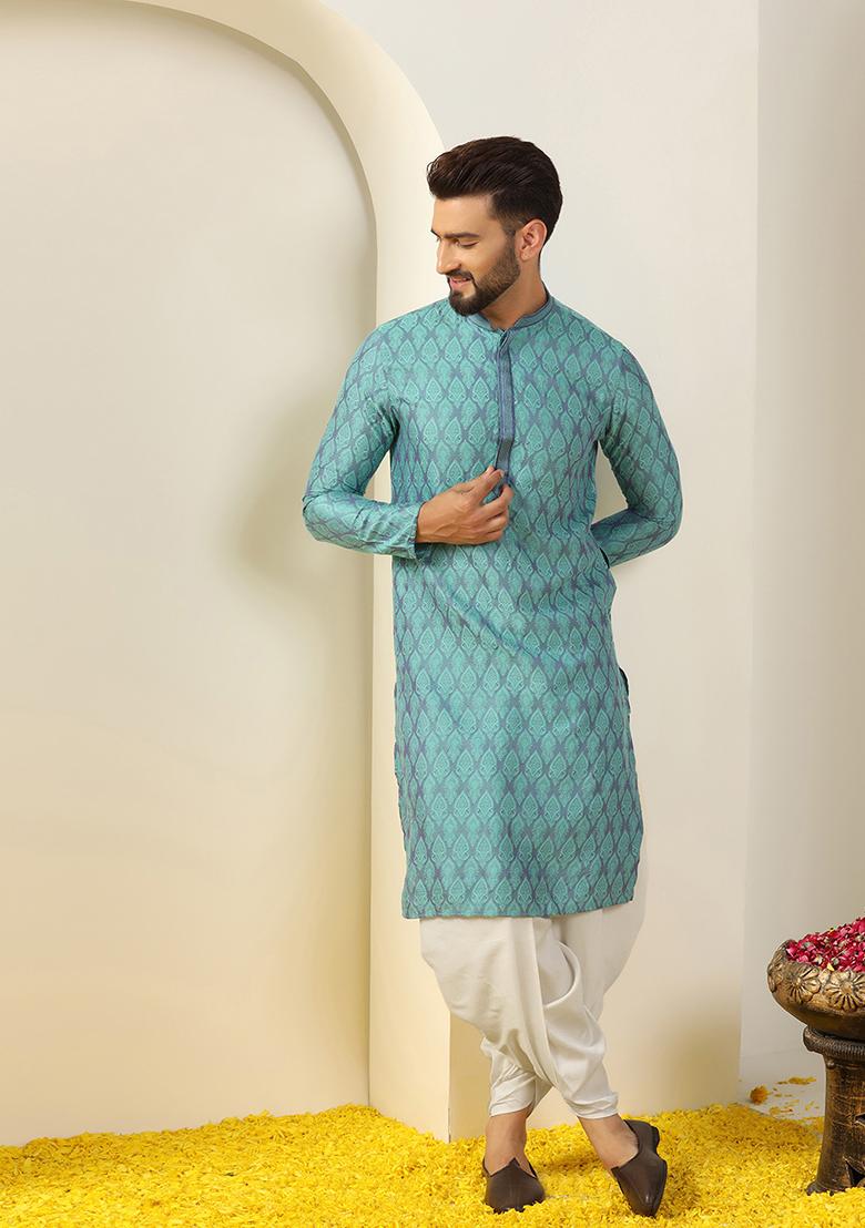 Blue Jacquard Silk Blend Kurta - Indya
