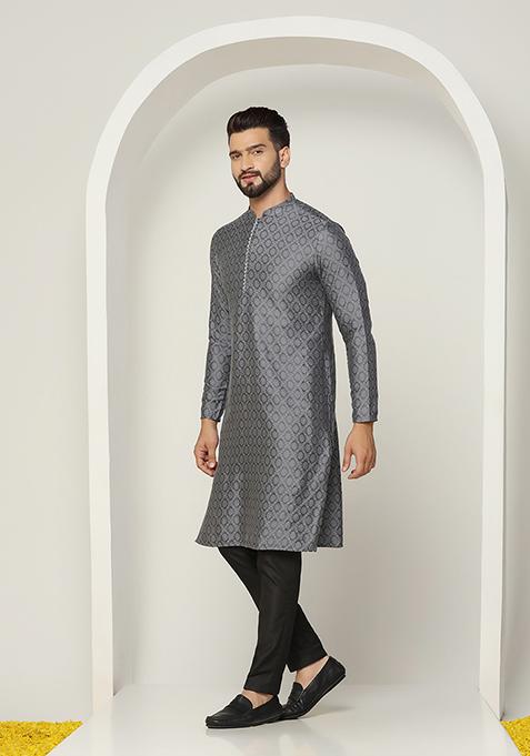 Grey Jacquard Silk Blend Kurta