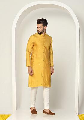 Mustard Yellow Mirror Embroidered Silk Blend Jacquard Kurta