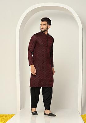 Maroon And Black Textured Silk Blend Jacquard Kurta