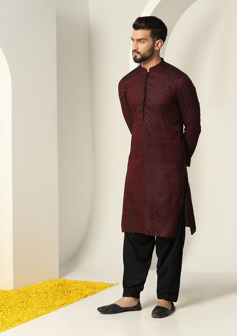 Buy Maroon And Black Textured Silk Blend Jacquard Kurta - XMS03444 - Summer  Edit - Indya