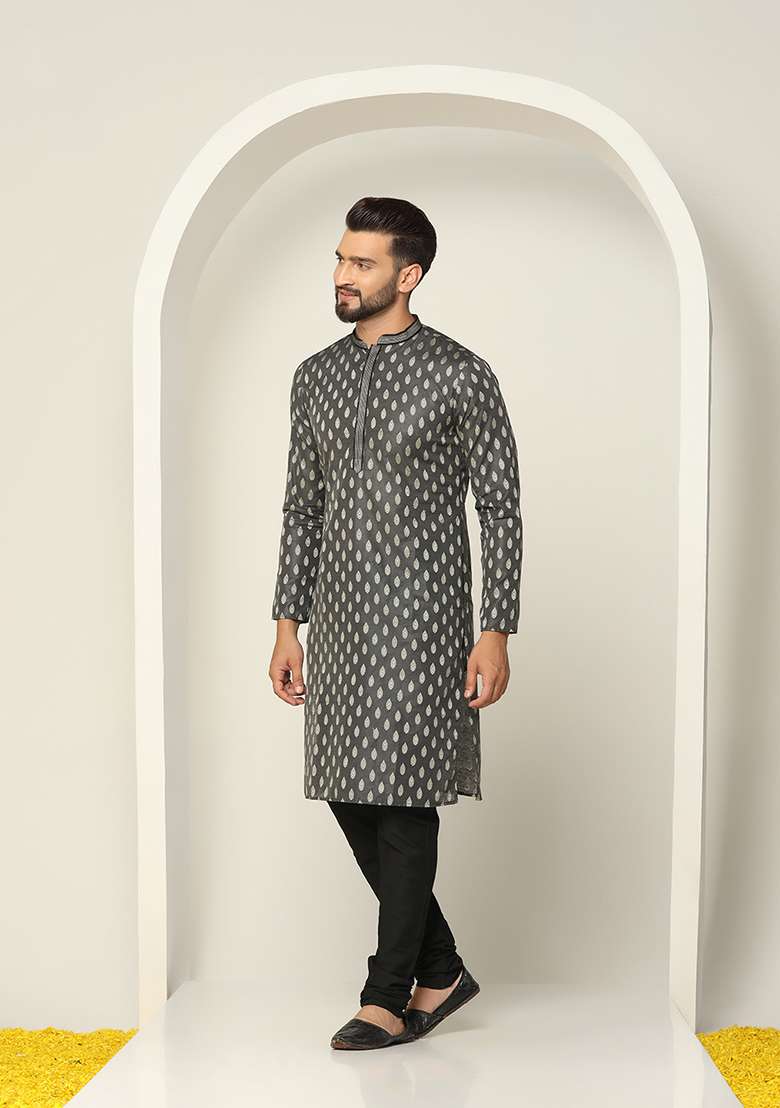 Black Jacquard Silk Blend Kurta - Indya