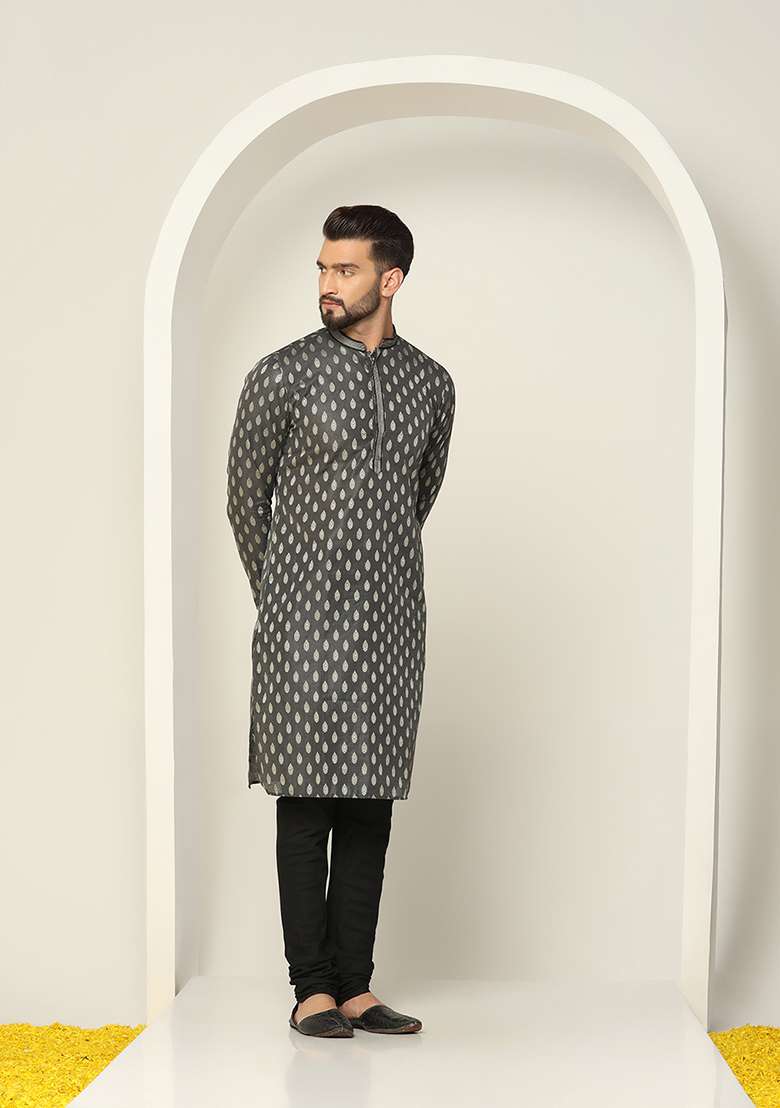 Black Jacquard Silk Blend Kurta - Indya