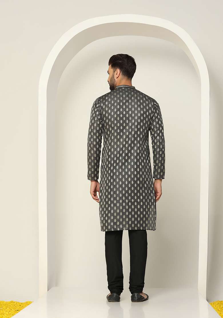 Black Jacquard Silk Blend Kurta - Indya