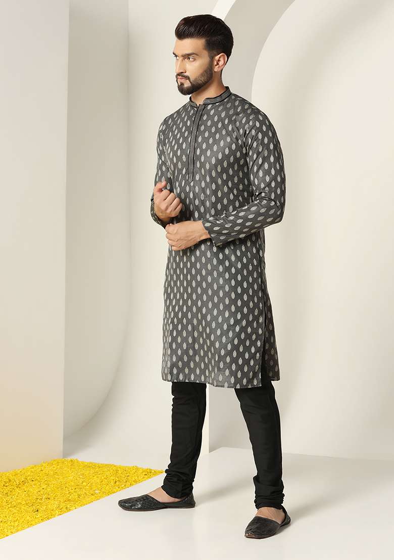 Black Jacquard Silk Blend Kurta - Indya