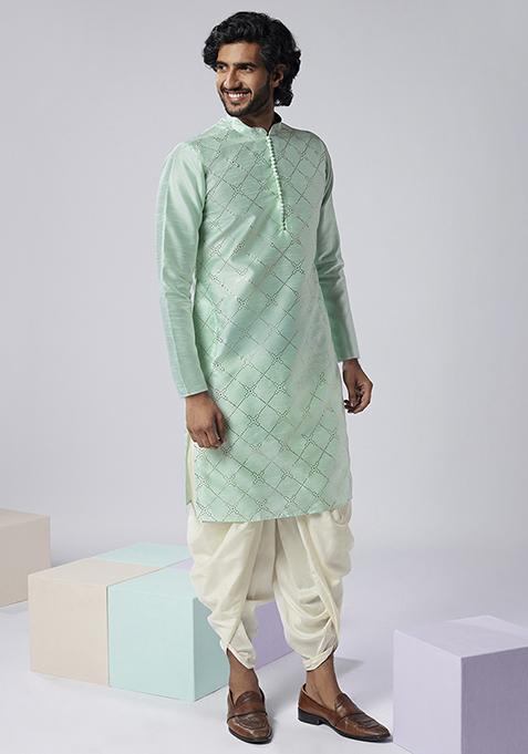Aqua Green Solid Dyed Silk Blend Kurta
