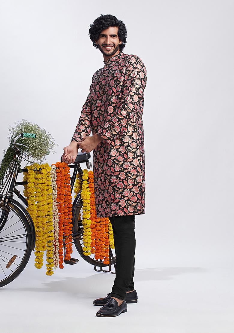 Black Printed Cotton Blend Kurta - Indya