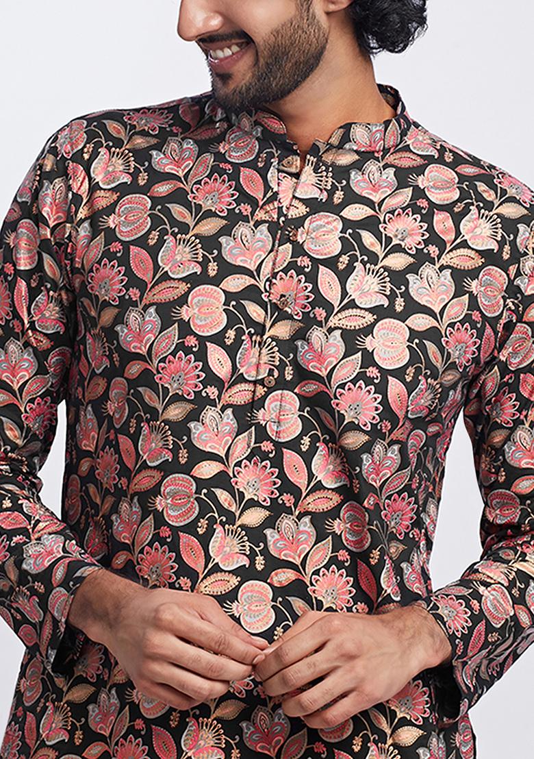 Black Printed Cotton Blend Kurta - Indya