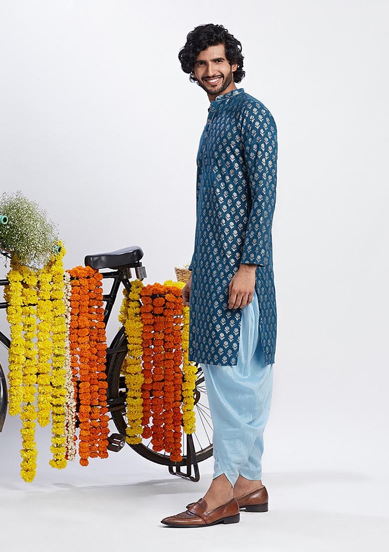 Blue Foil Print Cotton Blend Kurta - Indya