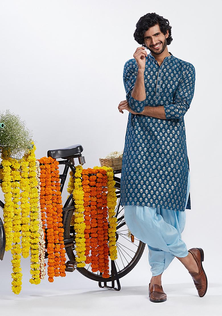 Blue Foil Print Cotton Blend Kurta - Indya