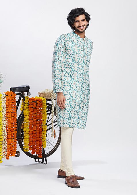 Blue Printed Cotton Blend Kurta