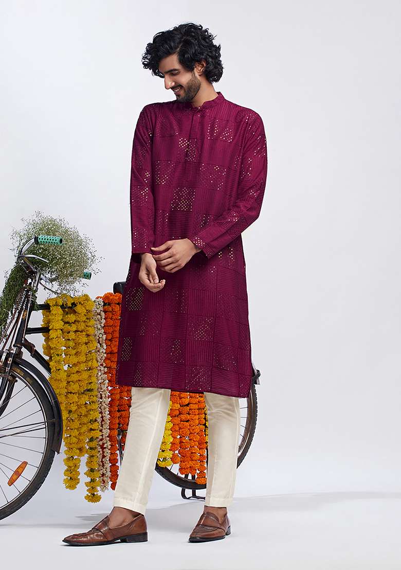 Burgundy Solid Textured Cotton Blend Kurta - Indya