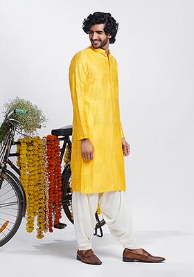 Yellow Embroidered Cotton Blend Kurta