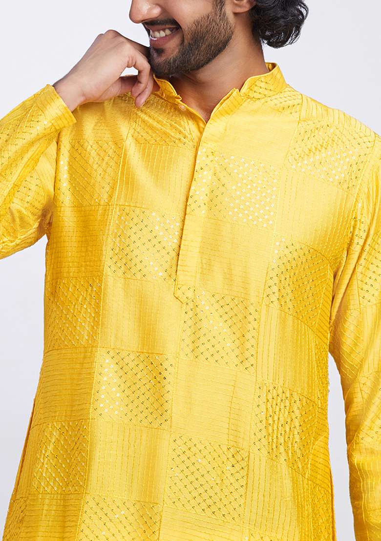 Yellow Embroidered Cotton Blend Kurta - Indya