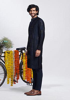 Navy Blue Solid Textured Cotton Blend Kurta