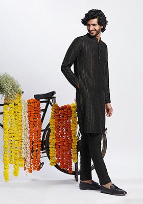 Black Solid Textured Cotton Blend Kurta