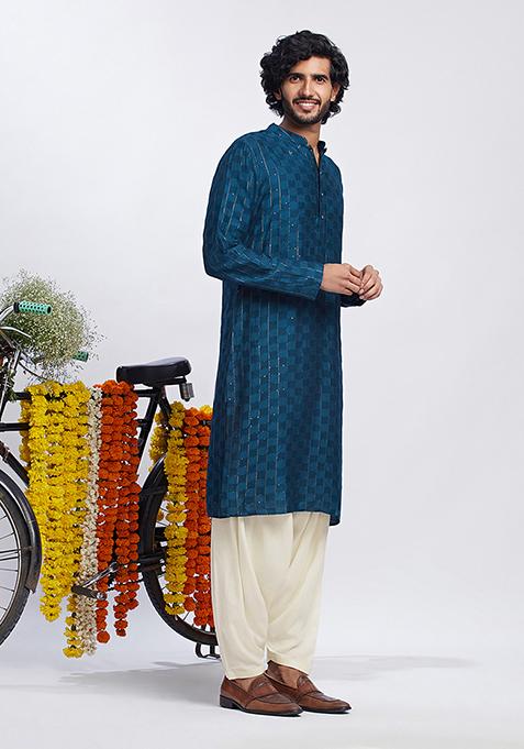 Navy Blue Solid Textured Cotton Blend Kurta
