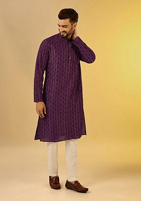 Burgundy Solid Textured Cotton Blend Kurta