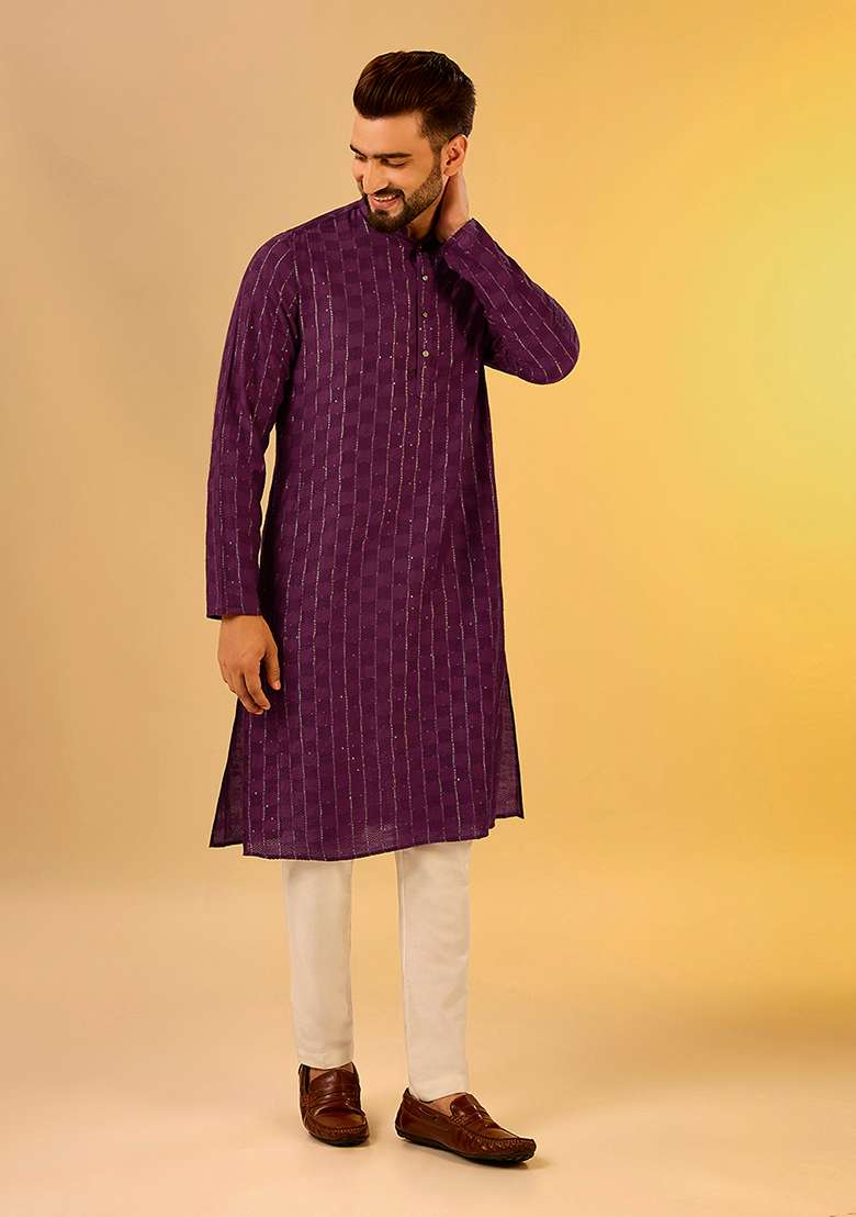 Burgundy Solid Textured Cotton Blend Kurta - Indya