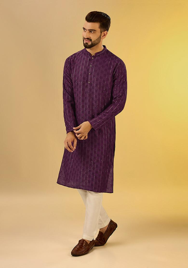 Burgundy Solid Textured Cotton Blend Kurta