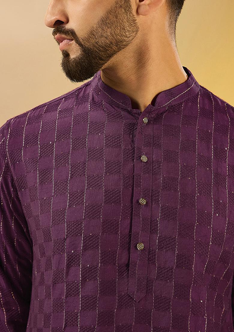 Burgundy Solid Textured Cotton Blend Kurta