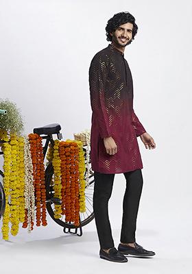 Black And Maroon Solid Cotton Blend Kurta