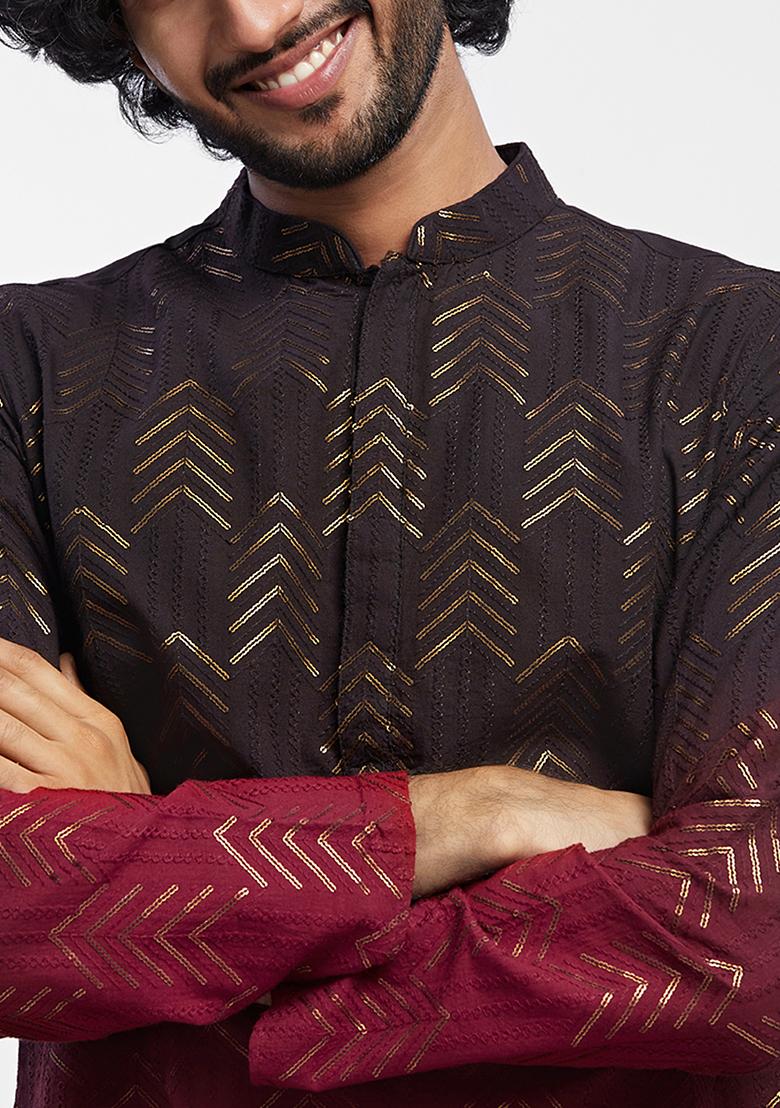 Black And Maroon Solid Cotton Blend Kurta - Indya