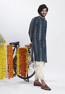 Turquoise Embroidered Cotton Blend Kurta