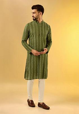 Olive Green Textured Cotton Blend Kurta