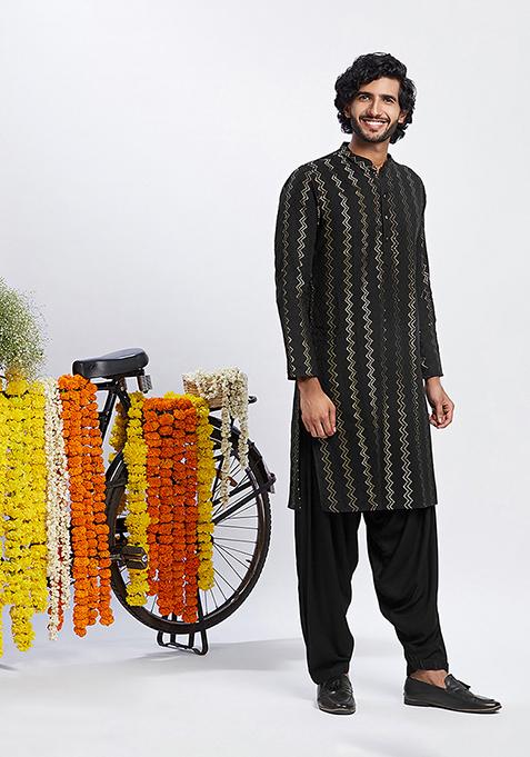 Black Embroidered Cotton Blend Kurta