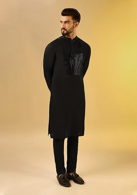 Black Tape Work Embellishment Cotton Blend Kurta