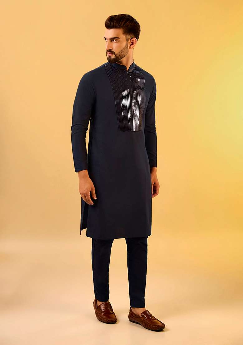 Navy Blue Tape Work Embellishment Cotton Blend Kurta - Indya