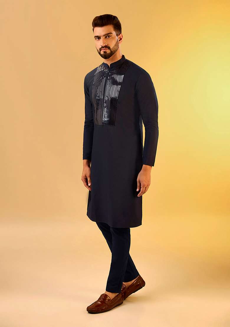 Navy Blue Tape Work Embellishment Cotton Blend Kurta - Indya