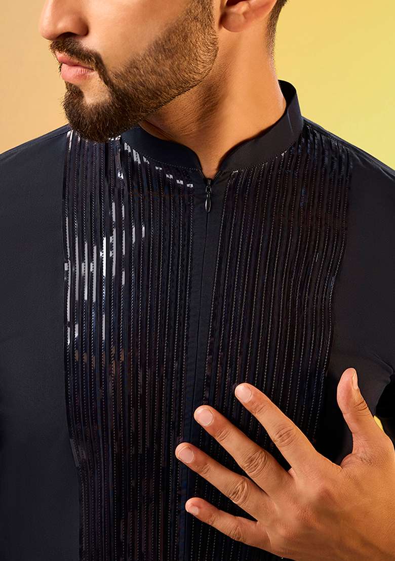 Navy Blue Tape Work Embellishment Cotton Blend Kurta - Indya