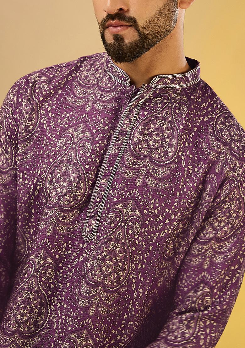 Burgundy Printed Cotton Blend Kurta - Indya