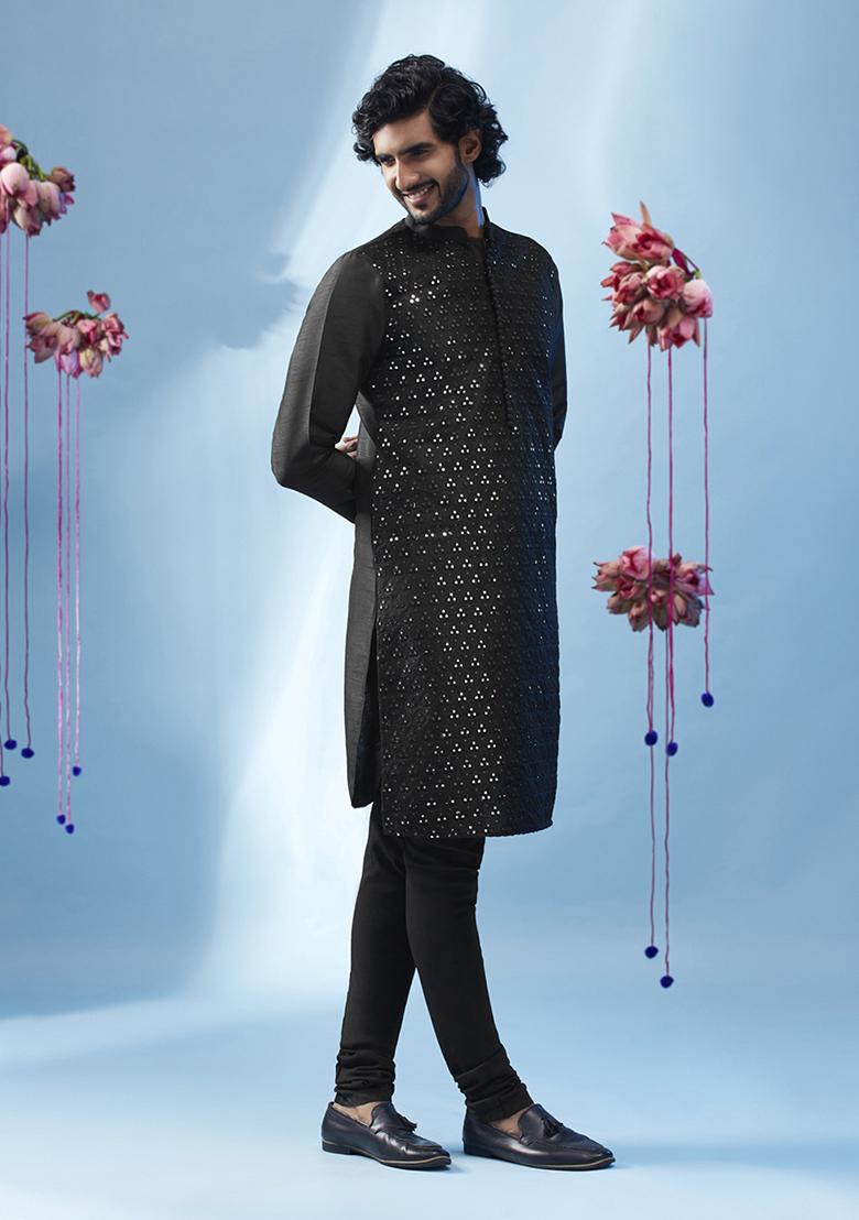 Black Embroidered Silk Blend Kurta
