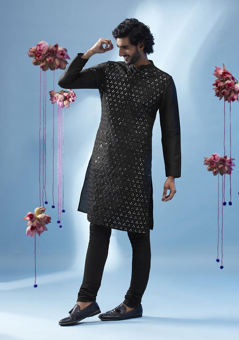 Black Embroidered Silk Blend Kurta