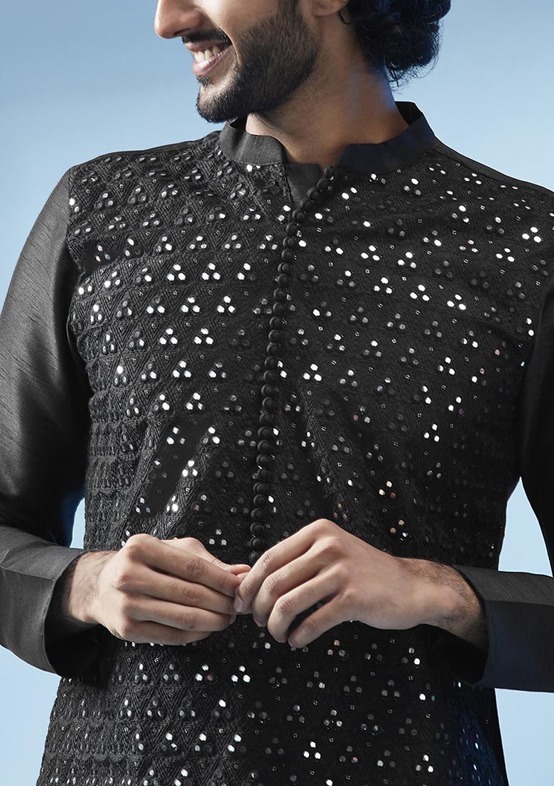 Black Embroidered Silk Blend Kurta