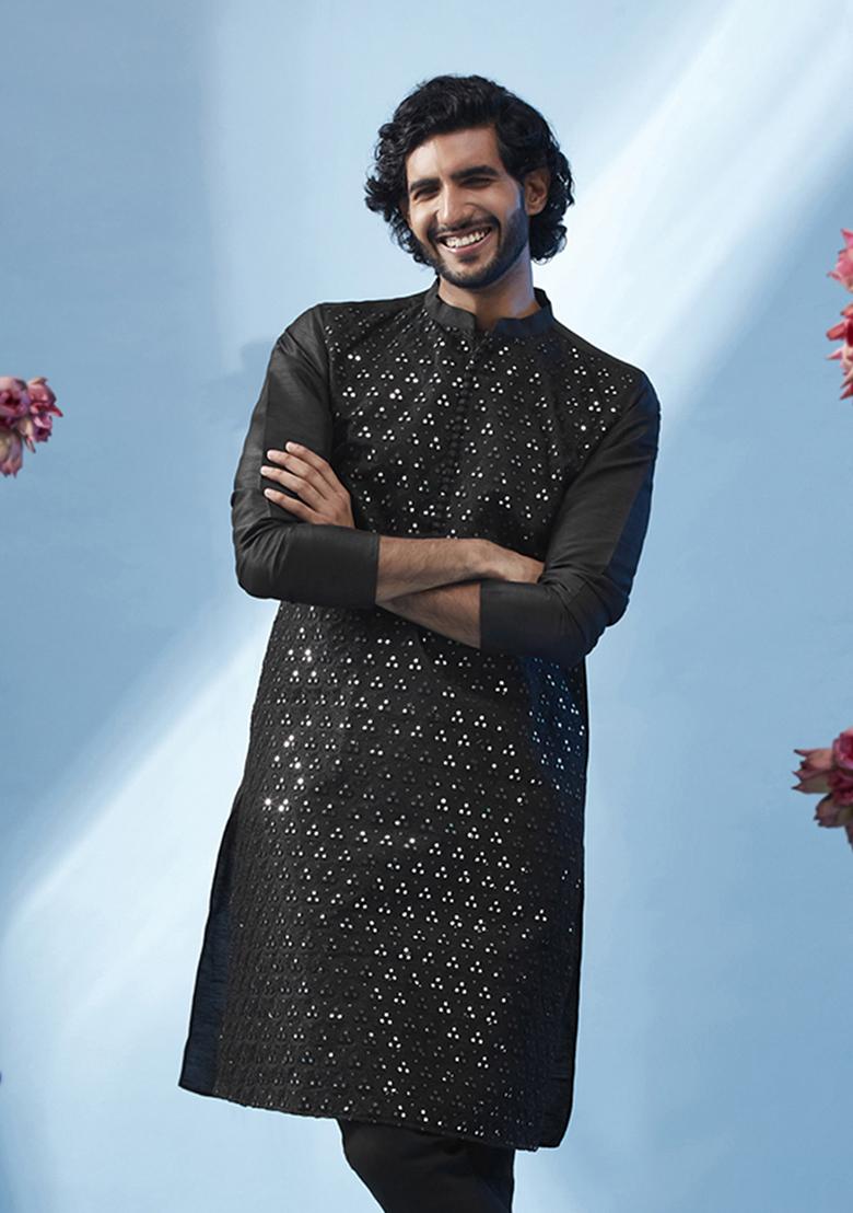 Black Embroidered Silk Blend Kurta