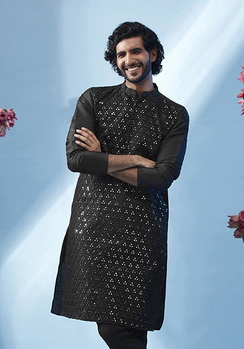 Black Embroidered Silk Blend Kurta