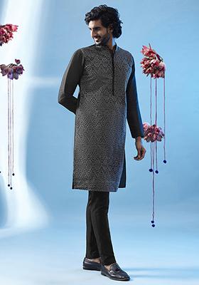 Black Embroidered Silk Blend Kurta