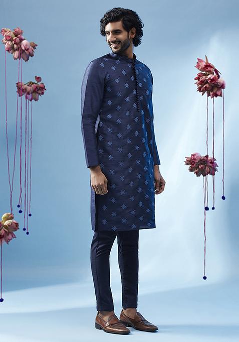 Navy Blue Embroidered Silk Blend Kurta