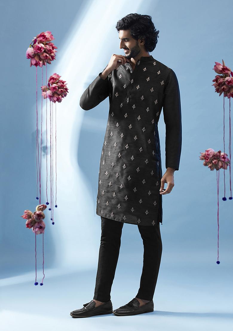 Black Embroidered Silk Blend Kurta - Indya